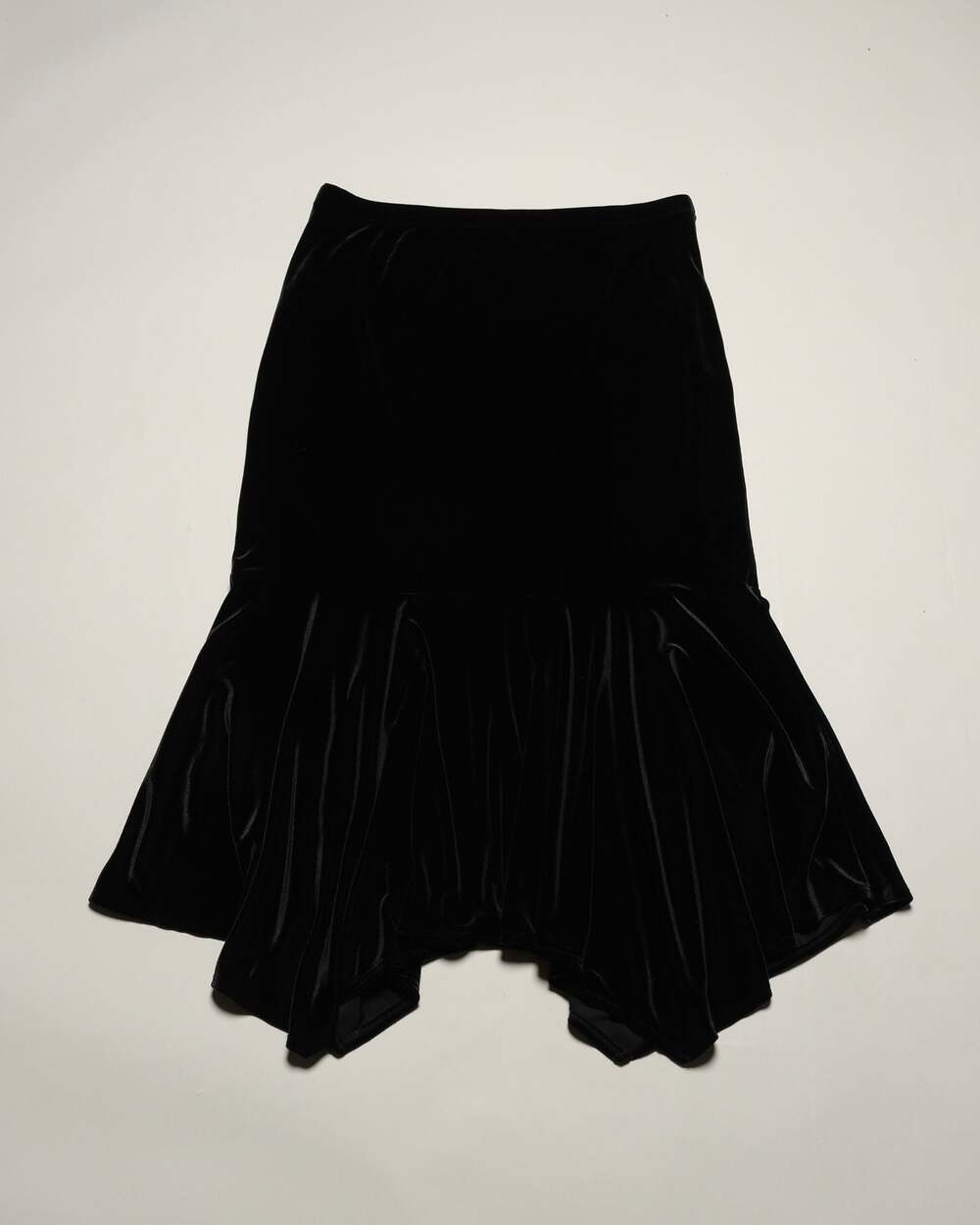 Vintage 90’s Black Velvet Asymmetric Mermaid Midi Skirt Size 14